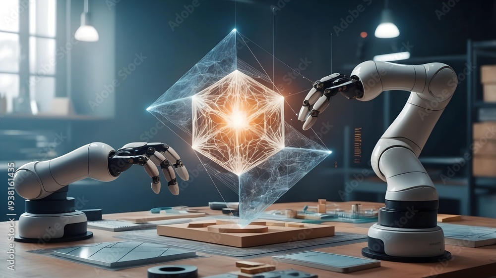 Poster robotic collaboration: two advanced robotic arms, sleek and white, collaborate to manipulate a intri