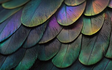 Close-Up of Hummingbird Feather with Iridescent Greens and Purples in Delicate Light