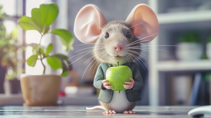 A cute cartoon mouse wearing a green jacket holds an apple in front of a bookshelf and potted plants.