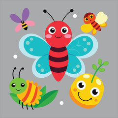 Obraz premium Friendly Insects - Cute Cartoon Icons of Smiling Butterflies, Playful Ladybugs, Cheerful Bees, and Winking Caterpillars 