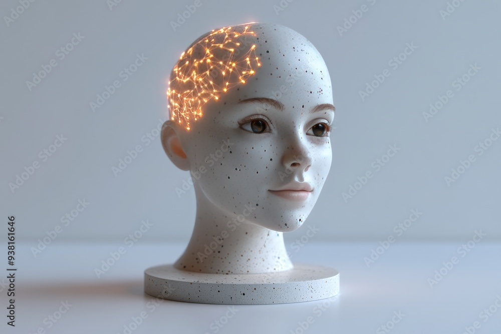 Poster minimalist head sculpture with glowing neural networks symbolizing the fusion of human intellect and
