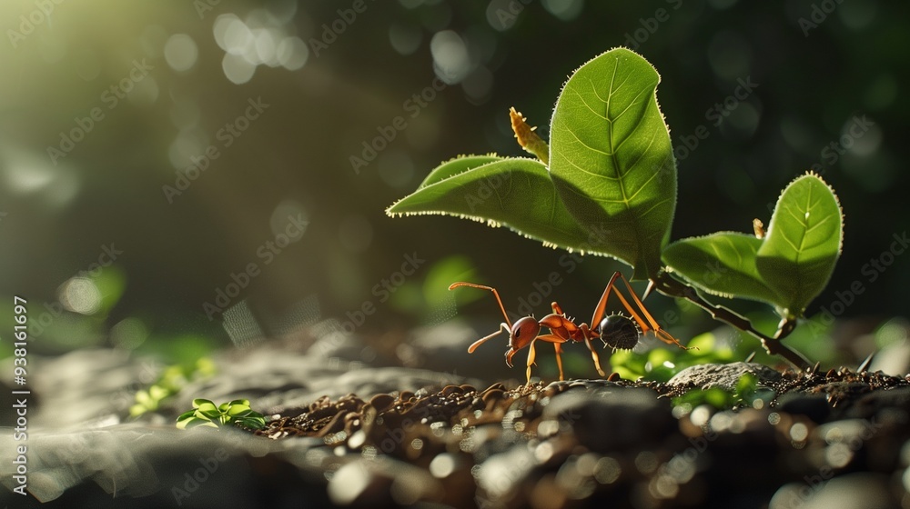 Wall mural A close-up of an ant carrying a tiny seed across the forest floor.