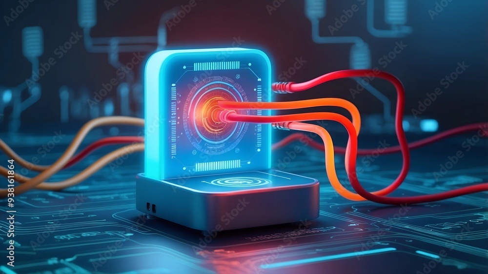 Poster quantum core: futuristic quantum computer with glowing core and intricate wiring