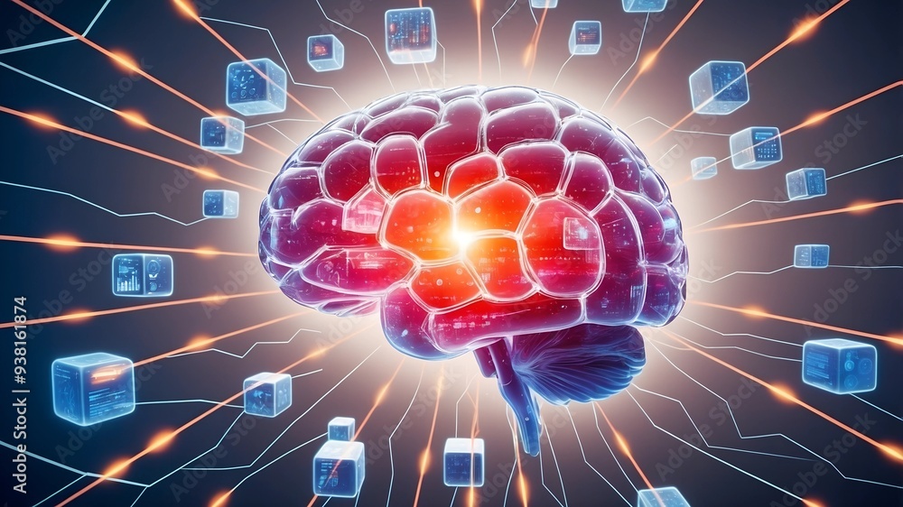 Poster the awakened mind: data streams through a futuristic brain, igniting thought in an abstract visualiz