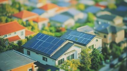 Aerial view of houses with solar panels on roofs in a residential neighborhood, showcasing renewable energy and sustainable living.