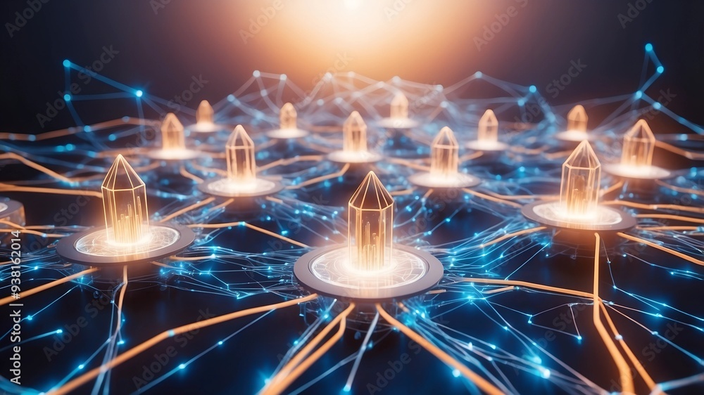 Poster network of digital innovation: a futuristic abstract concept, featuring a network of glowing digital