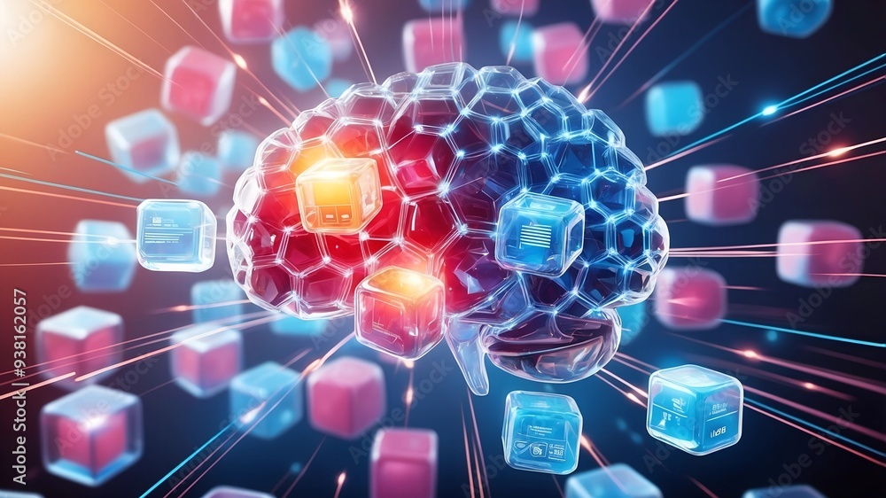 Poster the awakened mind: data streams through a futuristic brain, igniting thought in an abstract visualiz