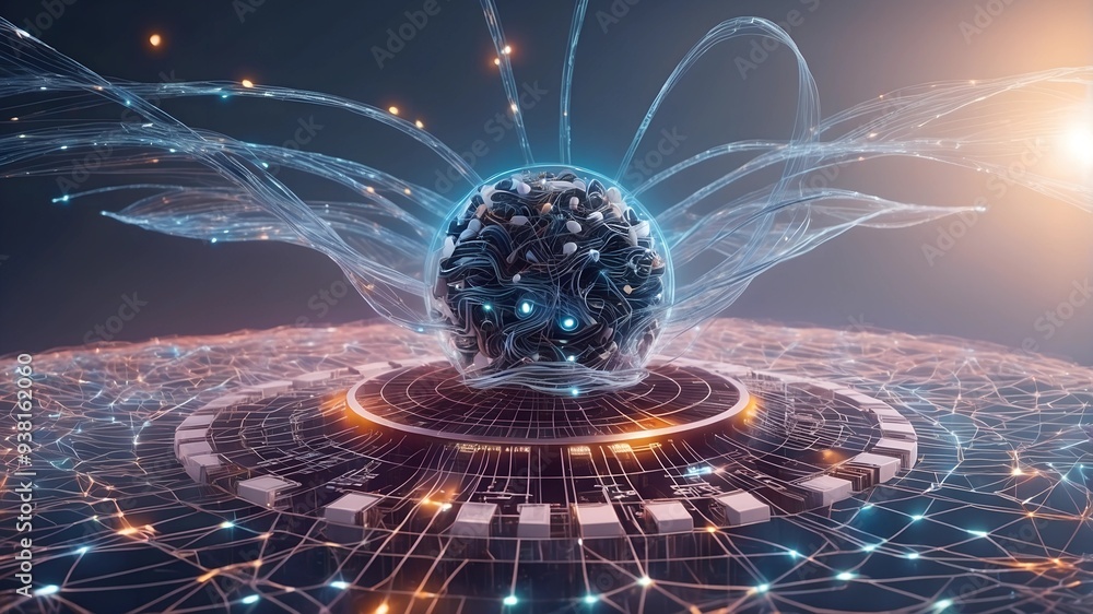 Poster quantum brain: a complex, glowing orb pulsates with energy, its intricate network of nodes and conne