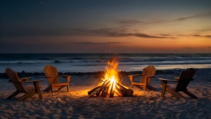 Cozy Evening Beach Bonfire: A Scene of Laughter, Warmth, and Togetherness Under a Starry Sky with Moonlit Ocean Waves and Roasting Marshmallows