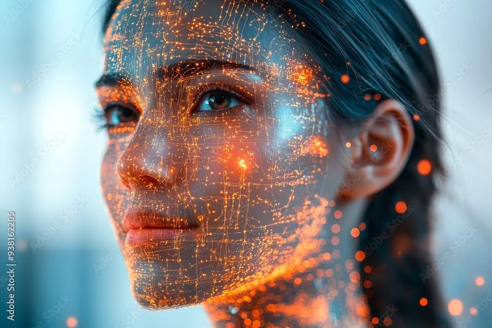 Poster close up of a woman with glowing digital facial patterns symbolizing the fusion of human identity an