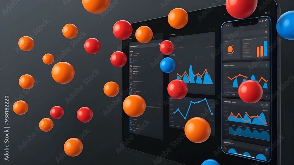 Poster data visualization: a captivating abstract concept of data analytics, where colorful spheres dance a
