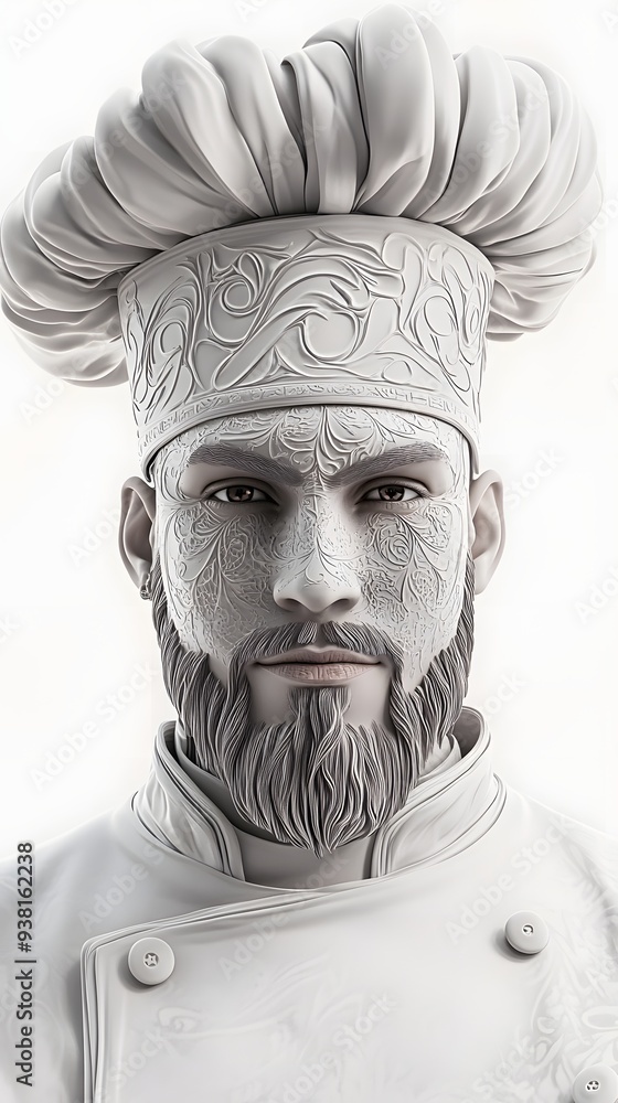 Poster 39. **a 3d render of a ceramic art portrait depicting a sophisticated chef with intricate textures a