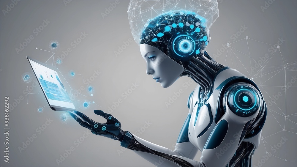 Poster ai deep in thought: a hyperrealistic android ponders data on a futuristic tablet, its mind aglow wit