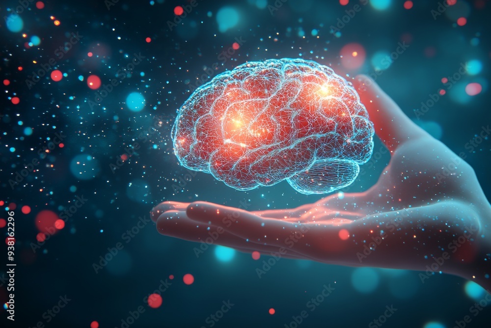 Poster hand holding a glowing digital brain symbolizing the power of human intellect and the advanced integ
