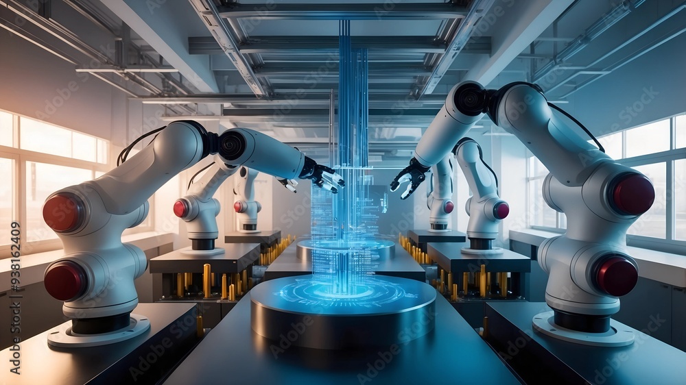 Poster robotics revolution: futuristic factory setting with multiple robotic arms working in unison, showca