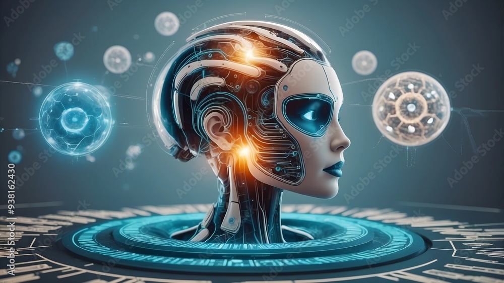 Poster artificial intelligence: a futuristic female android surrounded by digital data, representing the po