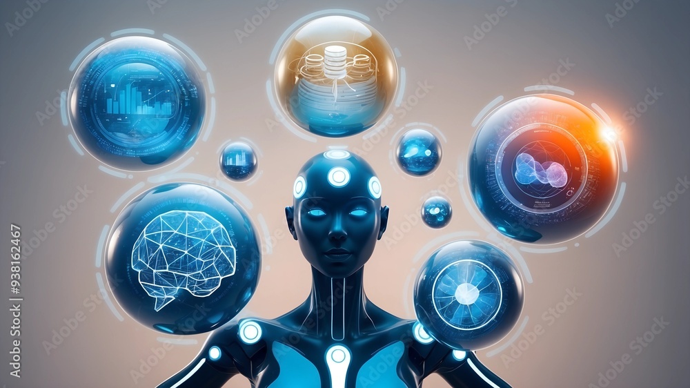 Poster artificial intelligence: a futuristic and surreal depiction of ai consciousness. a humanoid robot wi