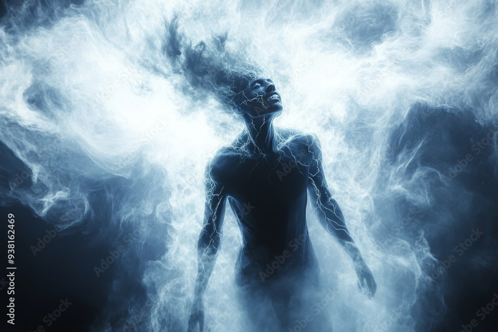 Poster silhouette of a person dissolving into smoke symbolizing the ephemeral nature of human thought and t
