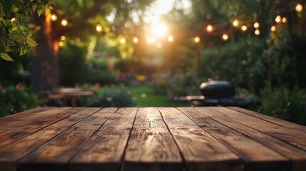 Sunlit wooden table in a garden with string lights during golden hour