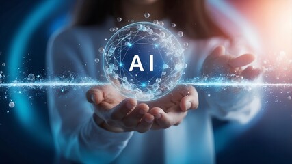 AI in Our Hands: A woman cradles the future of technology, a glowing orb of Artificial Intelligence, in a powerful image of innovation and potential.