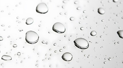 Rain Drops on Glass: Raindrops beading on a transparent surface, creating a refractive effect against a white background.
