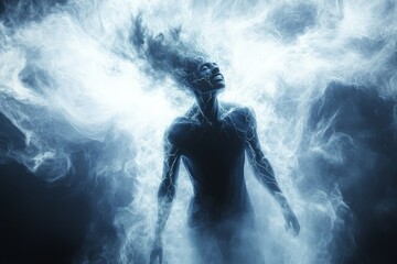 Obraz premium Silhouette of a person dissolving into smoke symbolizing the ephemeral nature of human thought and the transition from physical to digital existence in a modern abstract context