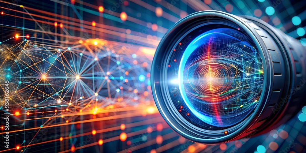 Aufkleber digital convergence: a camera lens captures a stream of binary code, symbolizing the fusion of techn