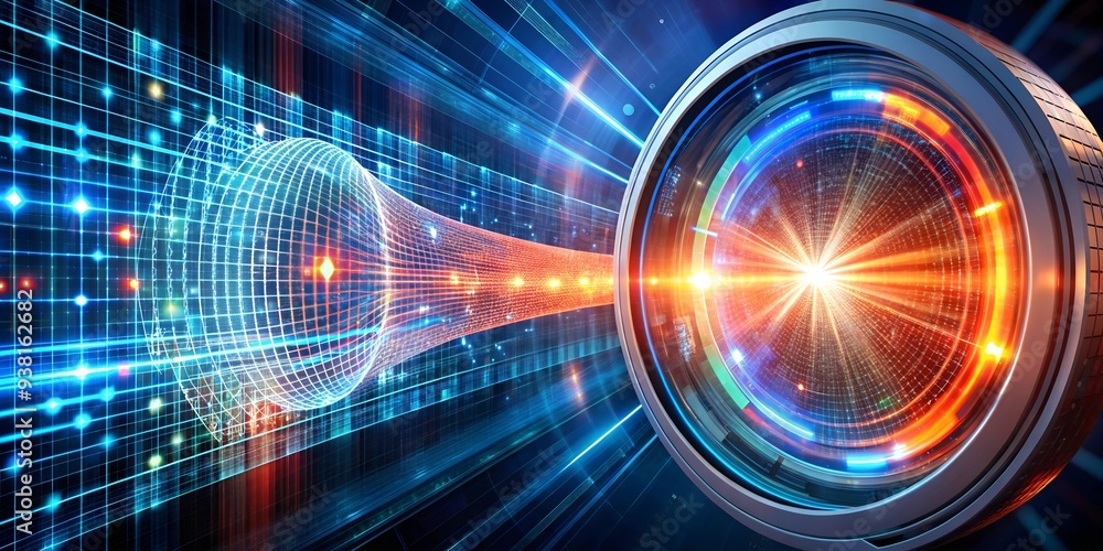 Aufkleber digital convergence: a camera lens captures a stream of binary code, symbolizing the fusion of techn