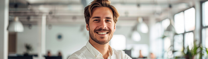 Fototapeta premium A man with a beard and a smile is standing in front of a window