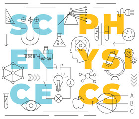 Science Physics Line Concept. Vector Illustration of Education Outline Poster. Linear Laboratory Subject Sign.