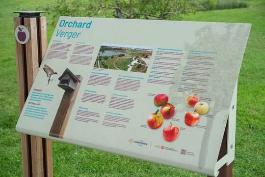 orchard sign at Downsview Park, a national urban park at a former military base, principal address at 70 Canuck Avenue in North York (Toronto), Canada