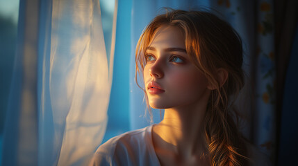 portrait of a woman in your luxurious bedroom at night. Highlighting her complex face High-contrast, glossy-1