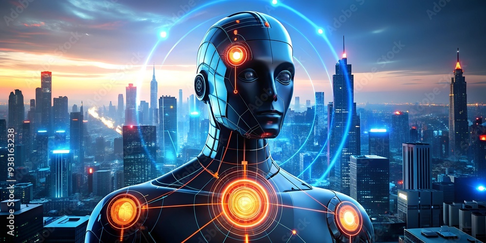 Poster cybernetic dawn: a hyperrealistic robot gazes over a futuristic neon metropolis, embodying the dawn 