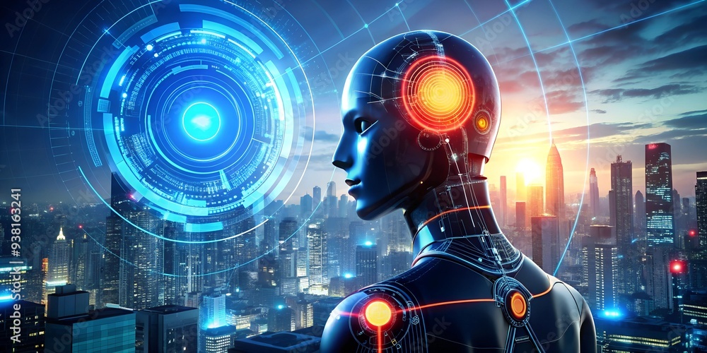 Poster cybernetic dawn: a hyperrealistic robot gazes over a futuristic neon metropolis, embodying the dawn 