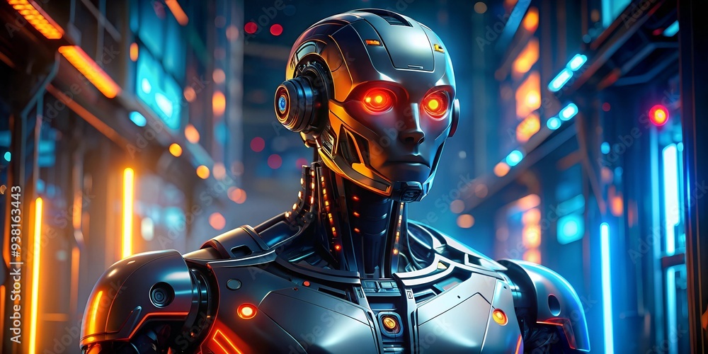 Poster the rise of artificial intelligence: a futuristic robot stands tall in a gleaming, neon-lit server r