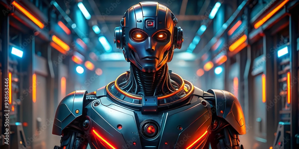 Poster the rise of artificial intelligence: a futuristic robot stands tall in a gleaming, neon-lit server r
