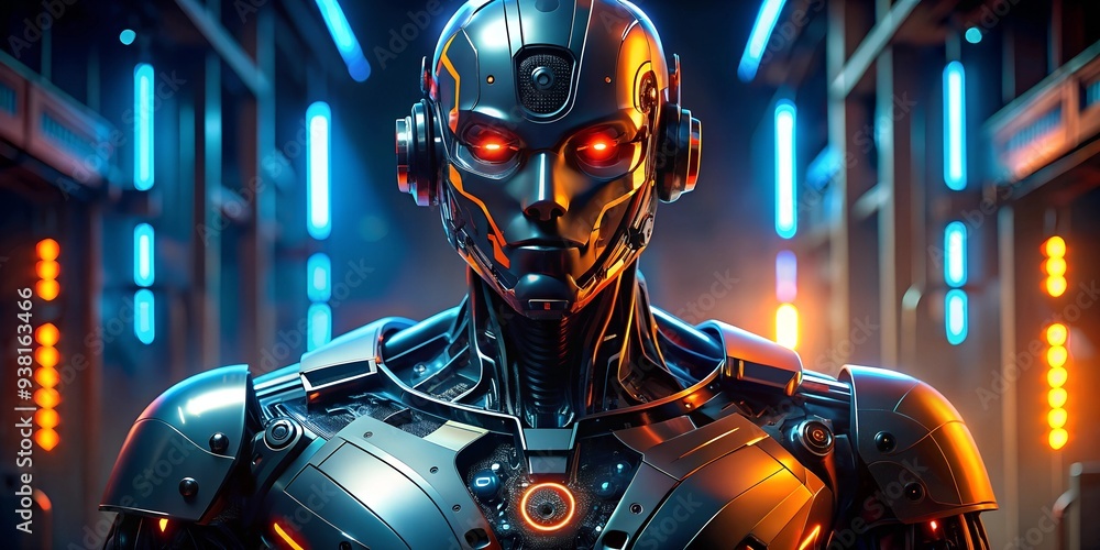Poster the rise of artificial intelligence: a futuristic robot stands tall in a gleaming, neon-lit server r