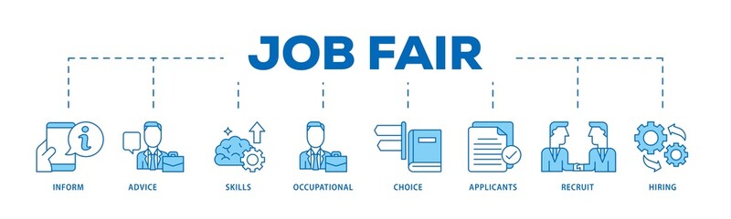 Job fair icon infographic illustration concept with icon of the information, advice, skills, occupational, applicants, recruit, and hiring icon png and easy to edit 