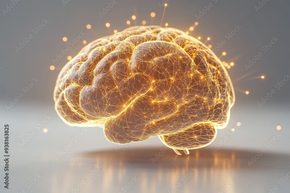 Poster 3d render of a glowing orange brain with neural connections symbolizing the complex network of human