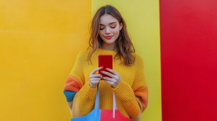 Obraz premium Woman in yellow dress checks smartphone while holding shopping bag in garden path