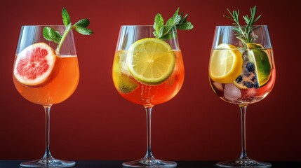 Colorful fruit cocktails served in glasses with fresh mint and berries at a bar