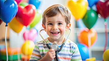 A young boy smiling with a stethoscope around his neck, surrounded by colorful toys and balloons, in a pediatric cardiologist's examination room.