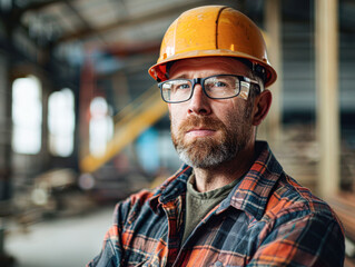 A man wearing a yellow hard hat and glasses stands in front of a building