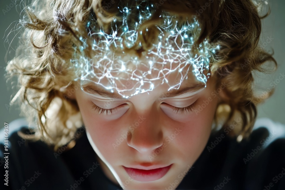 Poster close up of a young boy with glowing neural patterns symbolizing the intense curiosity and rapid cog