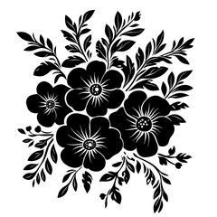Fototapeta premium Black and white floral bouquet with three flowers and leaves.