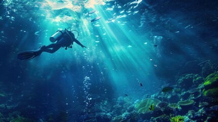 Scuba Diver Explores Sunlit Coral Reef