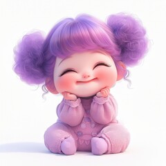 Fototapeta premium Cute cartoon baby girl with purple hair, wearing a pink onesie, sitting on a white background with a big smile on her face.