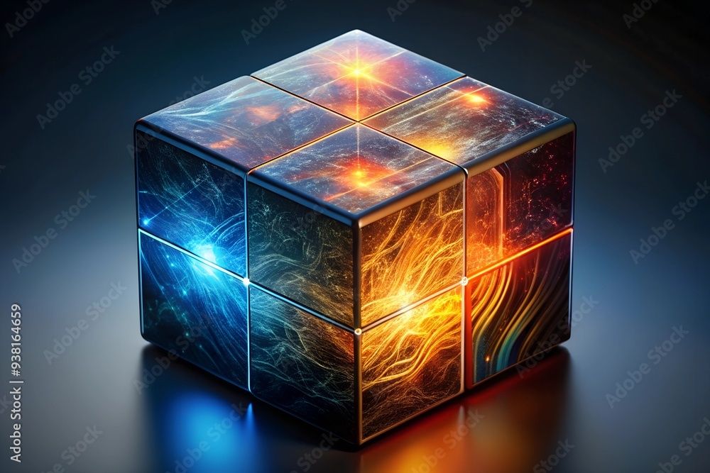 Poster quantum core: a radiant cube pulsates with energy, its transparent shell revealing a complex network