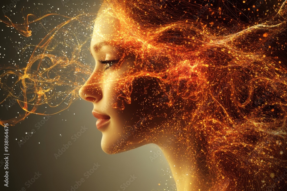 Aufkleber profile of a woman with glowing neural patterns symbolizing the integration of human thought and tec