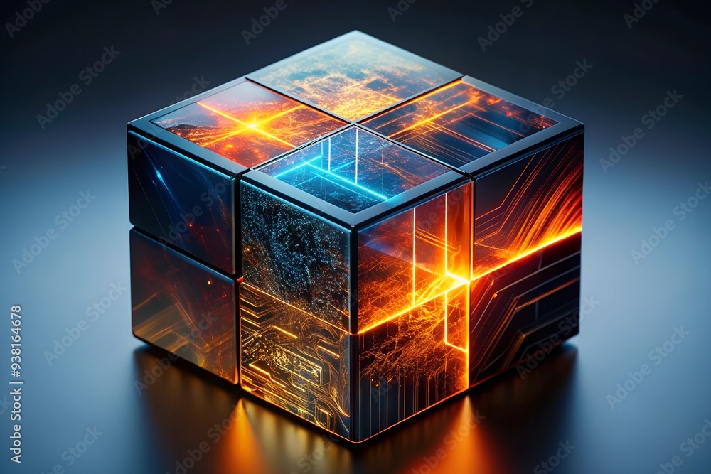 Poster quantum core: a radiant cube pulsates with energy, its transparent shell revealing a complex network